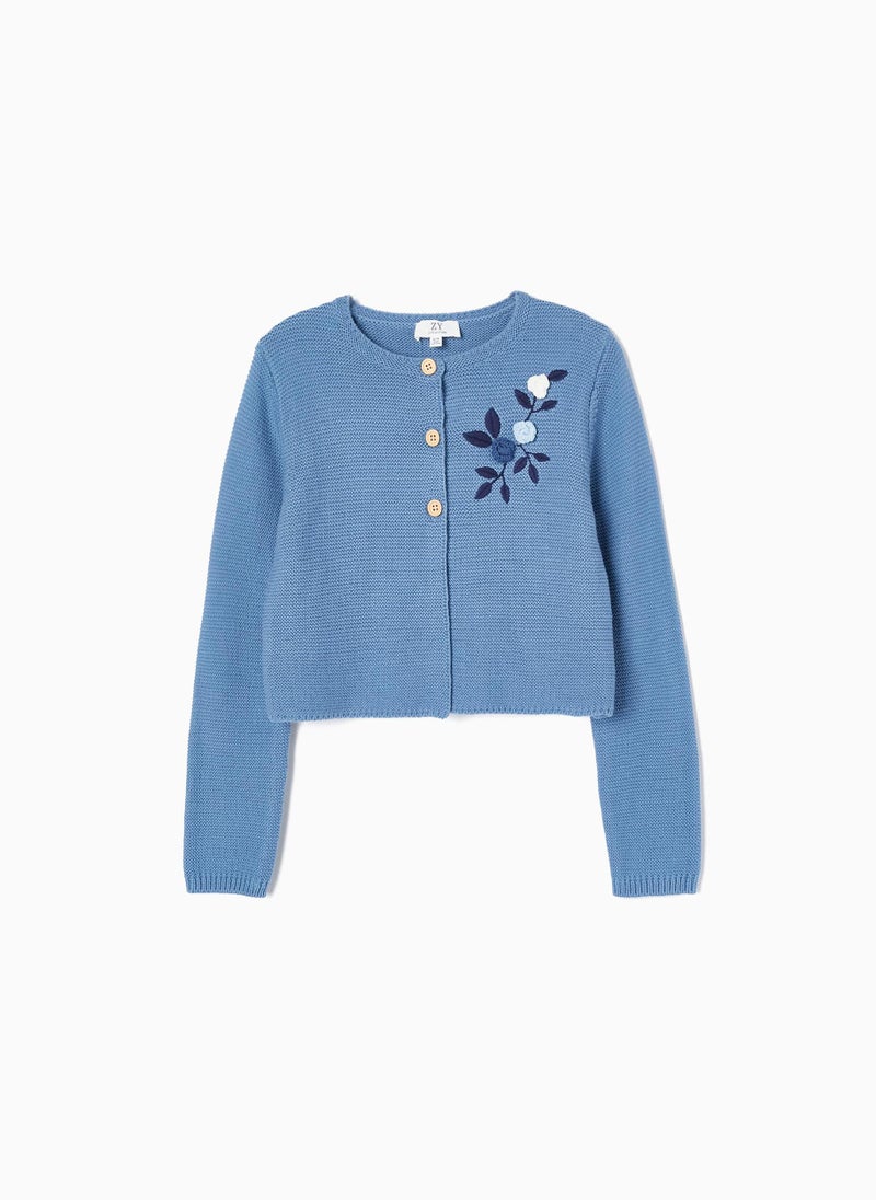 Cardigan with Flower Embroidery for Girls, Blue