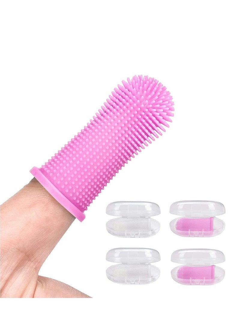Dog Toothbrush for Teeth Cleaning Fingerbrush Tooth Brushing Kit Set of 4 Finger Pet Pink/Clear