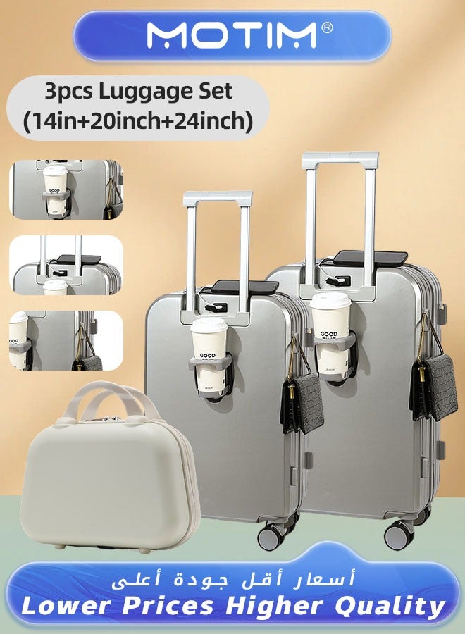 3pcs 14+20+24inch Luggage Set Carry On Luggage Suitcase Travel Bag Trolley With Cup Holder & USA Charging Port & Hooks & Hard Shell & Silent Spinner Wheels & TSA Lock for Business Travel