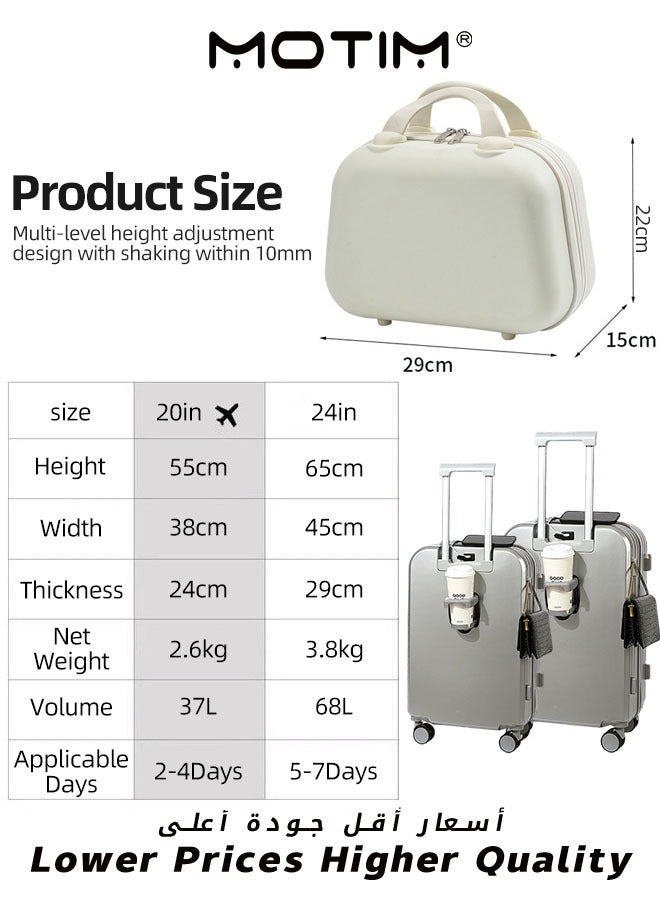 3pcs 14+20+24inch Luggage Set Carry On Luggage Suitcase Travel Bag Trolley With Cup Holder & USA Charging Port & Hooks & Hard Shell & Silent Spinner Wheels & TSA Lock for Business Travel