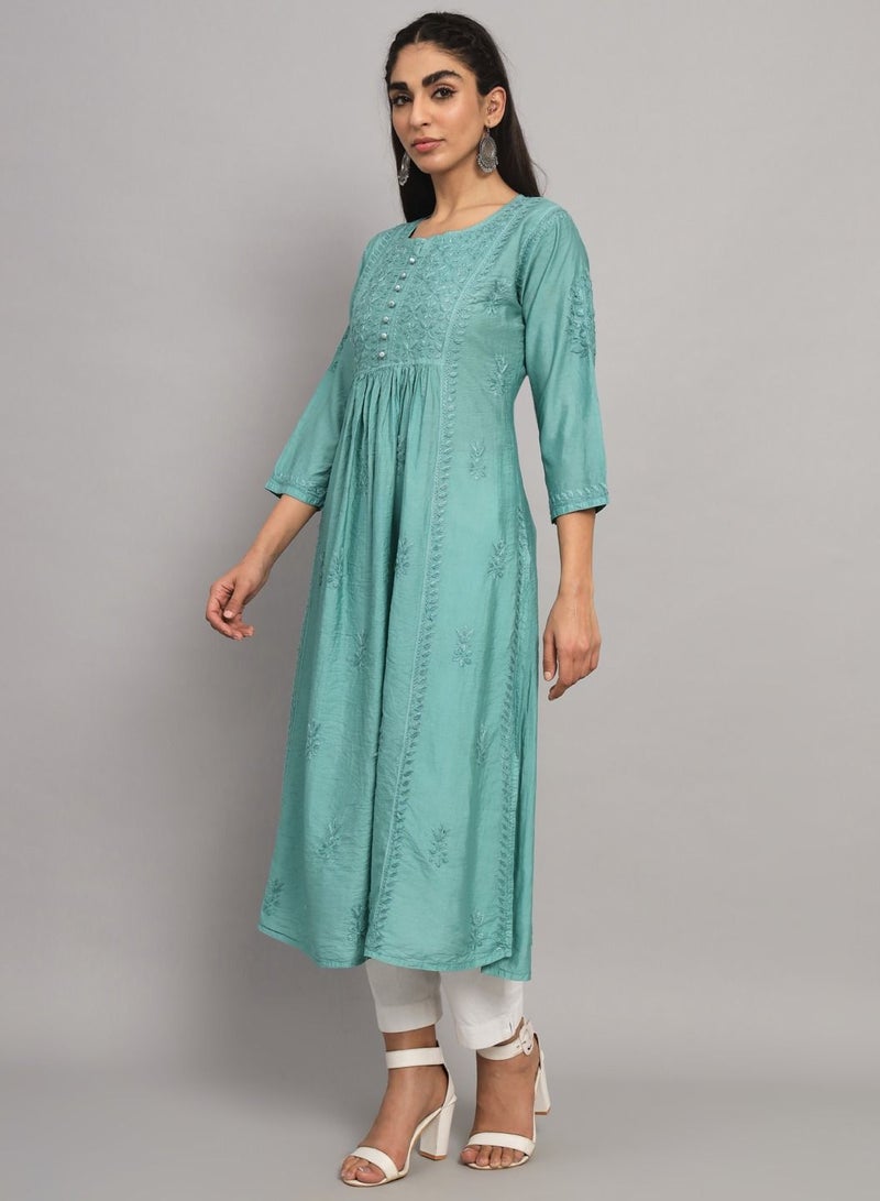 Hand Embroidered Chikankari Cotton Chanderi A-Line Kurta-AL3608