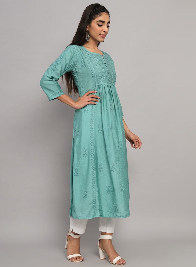 Hand Embroidered Chikankari Cotton Chanderi A-Line Kurta-AL3608