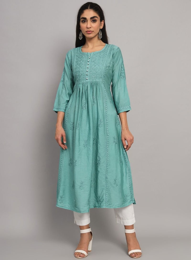 Hand Embroidered Chikankari Cotton Chanderi A-Line Kurta-AL3608