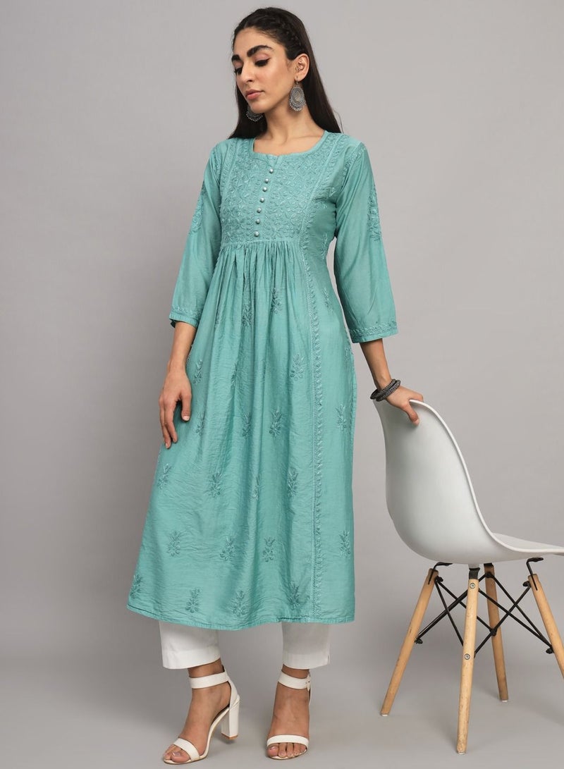 Hand Embroidered Chikankari Cotton Chanderi A-Line Kurta-AL3608