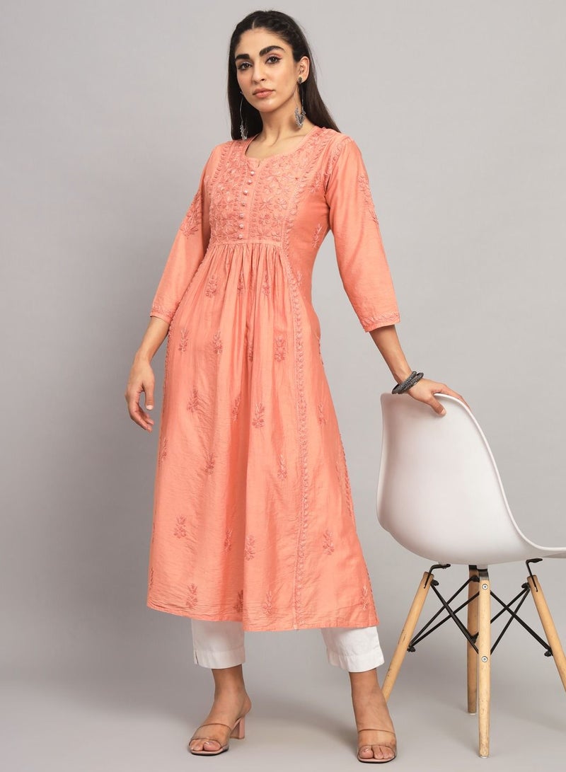 Hand Embroidered Chikankari Chanderi Cotton A-Line Kurta-AL3608