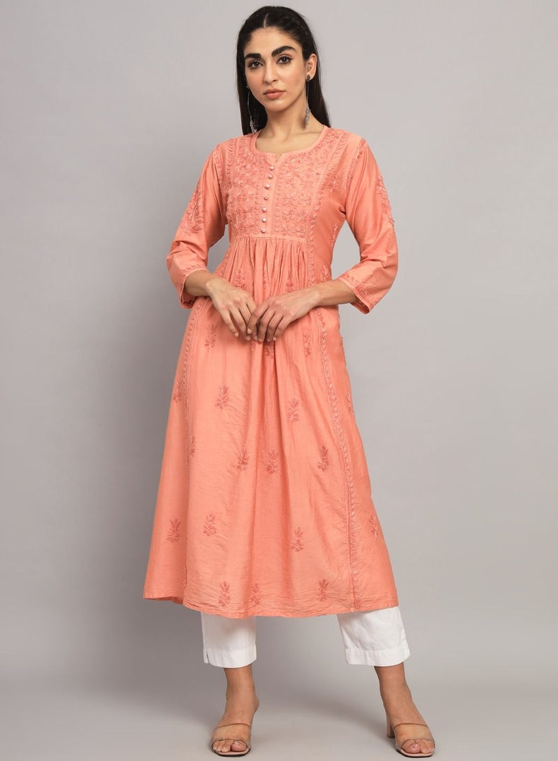 Hand Embroidered Chikankari Chanderi Cotton A-Line Kurta-AL3608