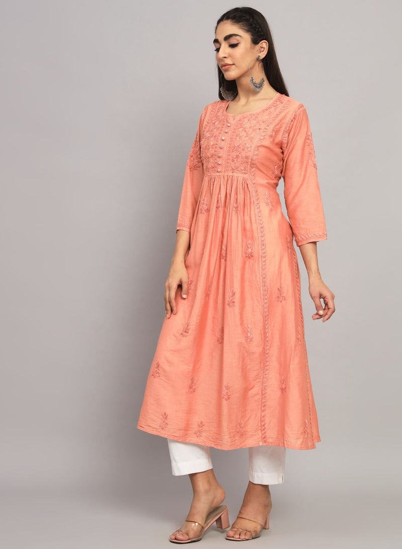 Hand Embroidered Chikankari Chanderi Cotton A-Line Kurta-AL3608