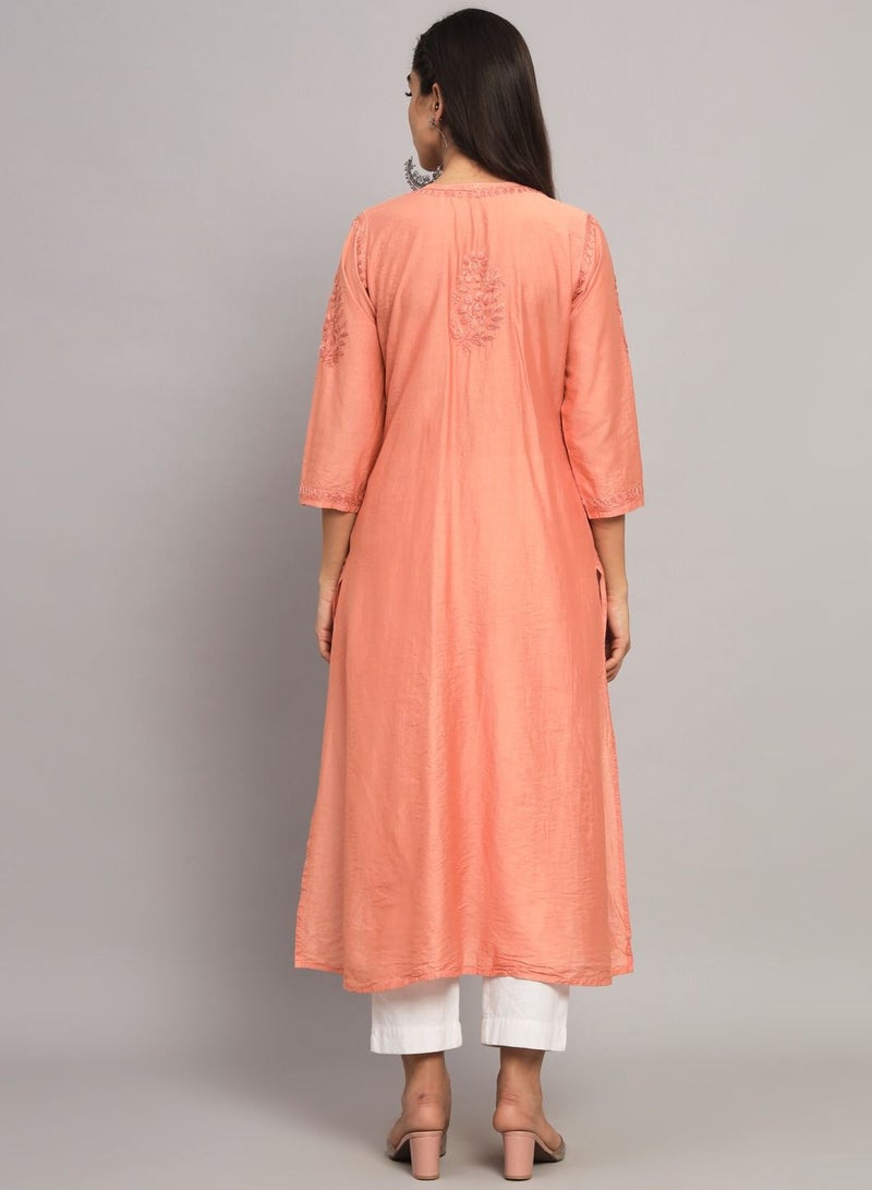 Hand Embroidered Chikankari Chanderi Cotton A-Line Kurta-AL3608