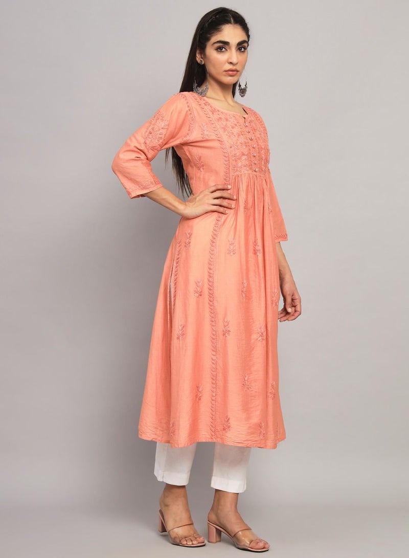 Hand Embroidered Chikankari Chanderi Cotton A-Line Kurta-AL3608