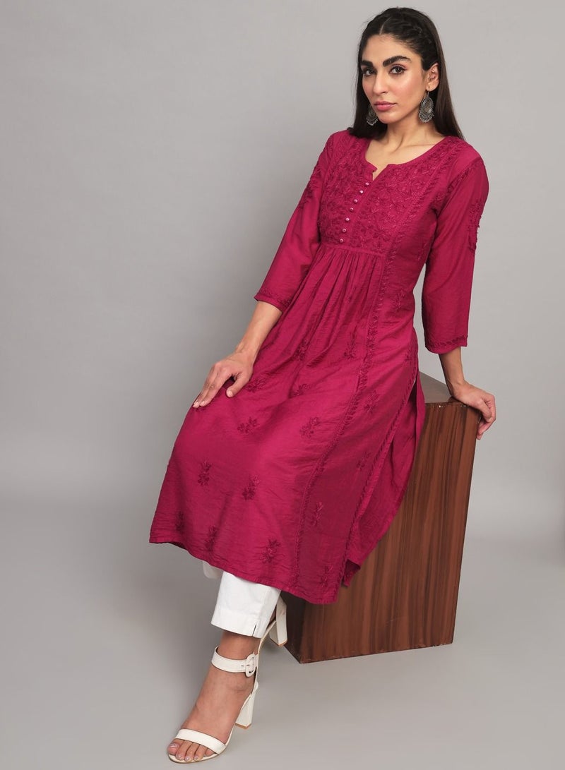 Hand Embroidered Chikankari Cotton Chanderi A-Line Kurta-AL3608