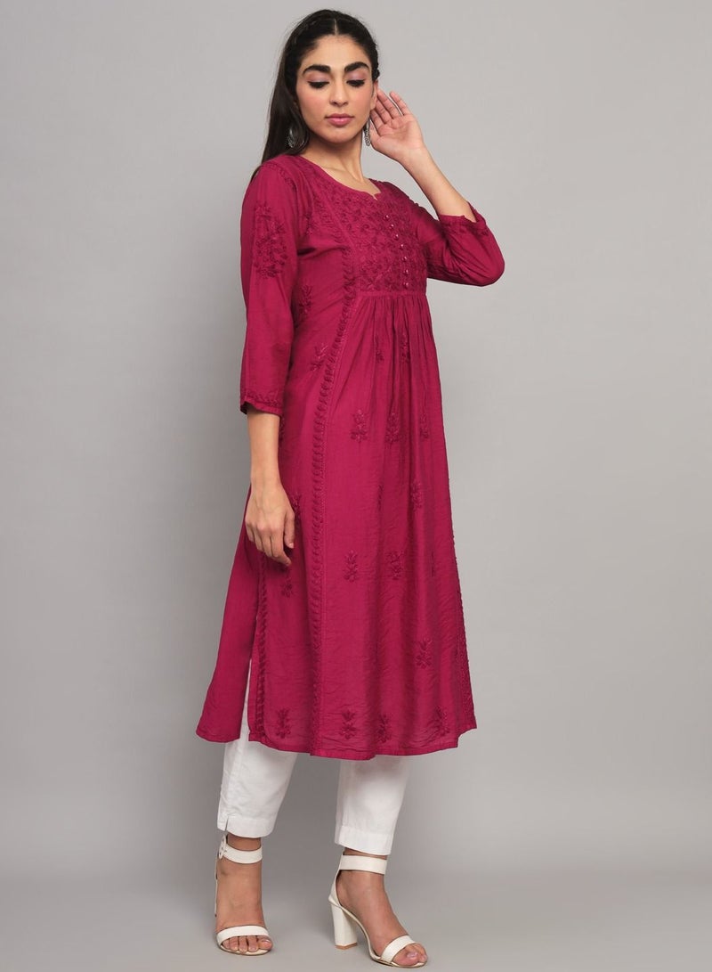 Hand Embroidered Chikankari Cotton Chanderi A-Line Kurta-AL3608