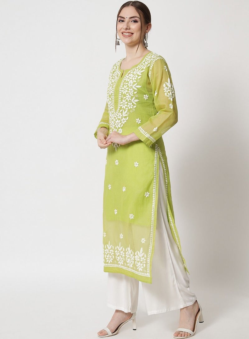 Hand Embroidered Chikankari Kota Straight Kurta With Slip-AL3540