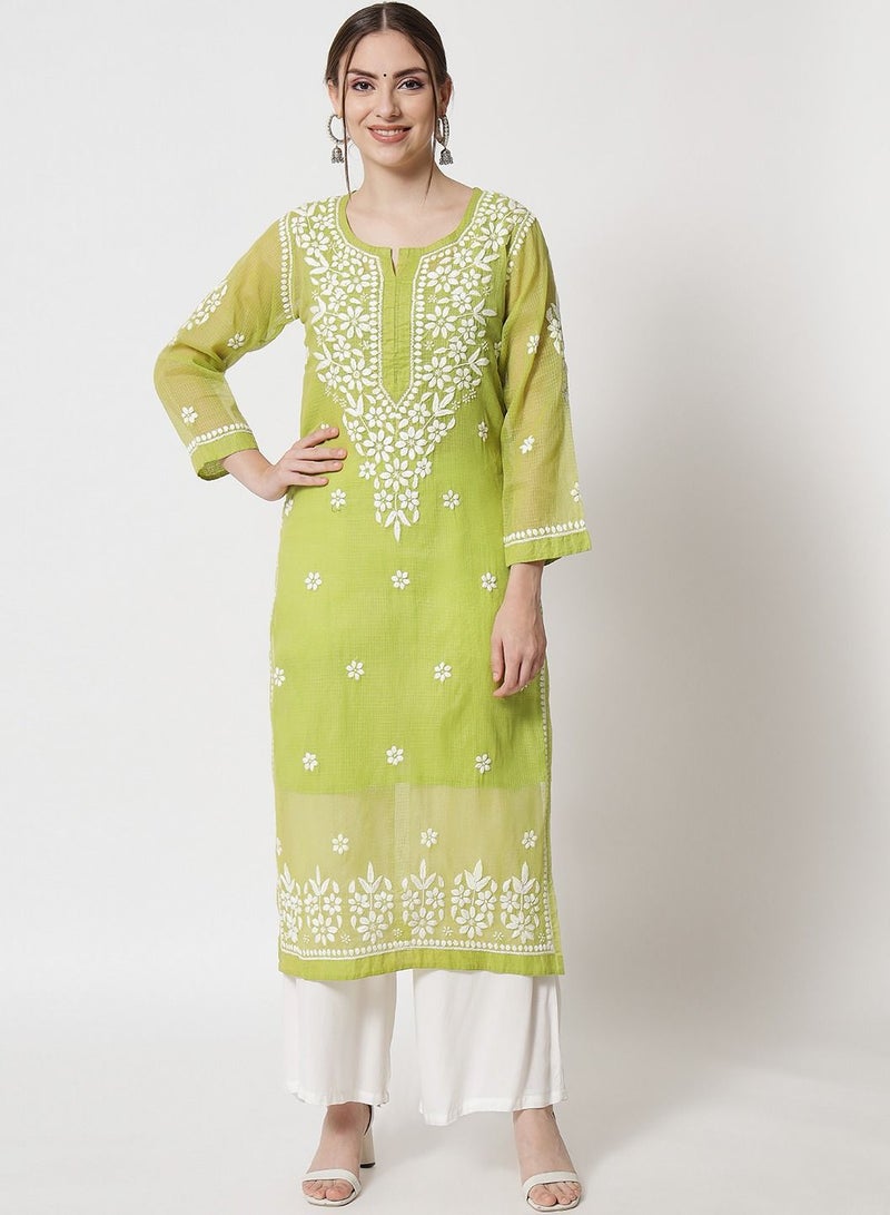 Hand Embroidered Chikankari Kota Straight Kurta With Slip-AL3540