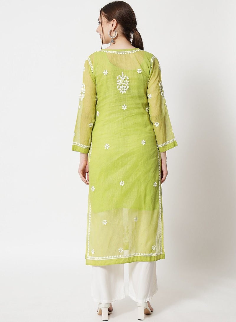 Hand Embroidered Chikankari Kota Straight Kurta With Slip-AL3540