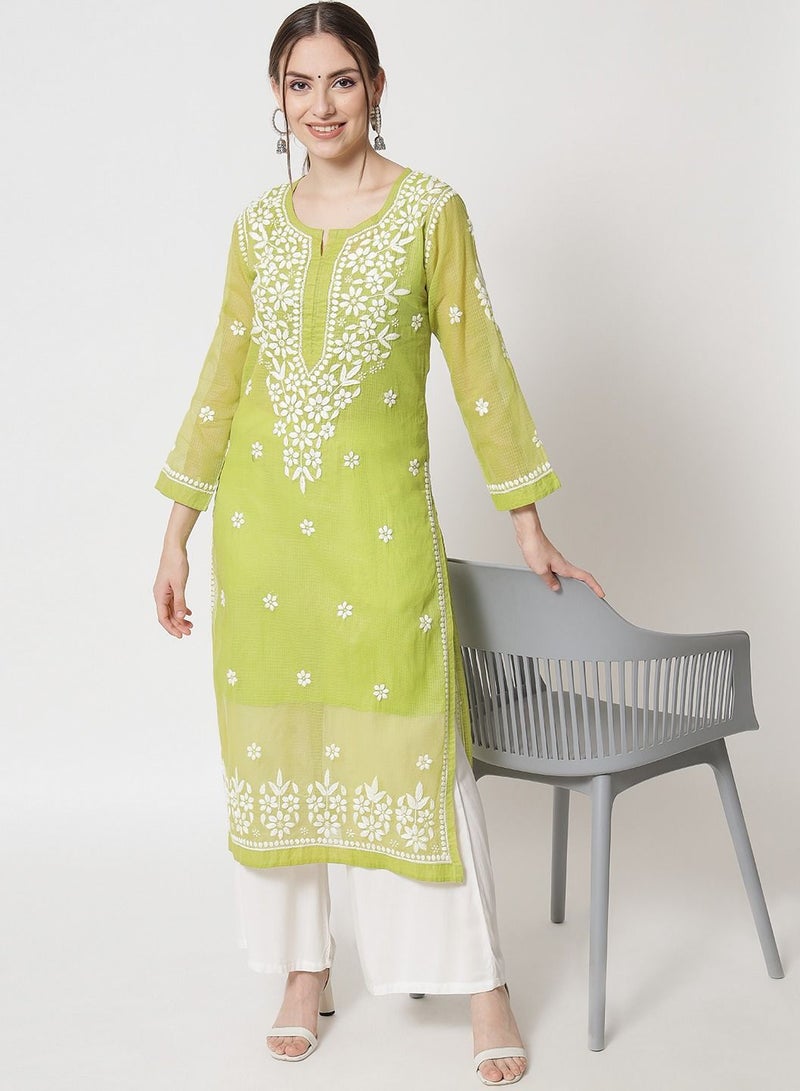 Hand Embroidered Chikankari Kota Straight Kurta With Slip-AL3540