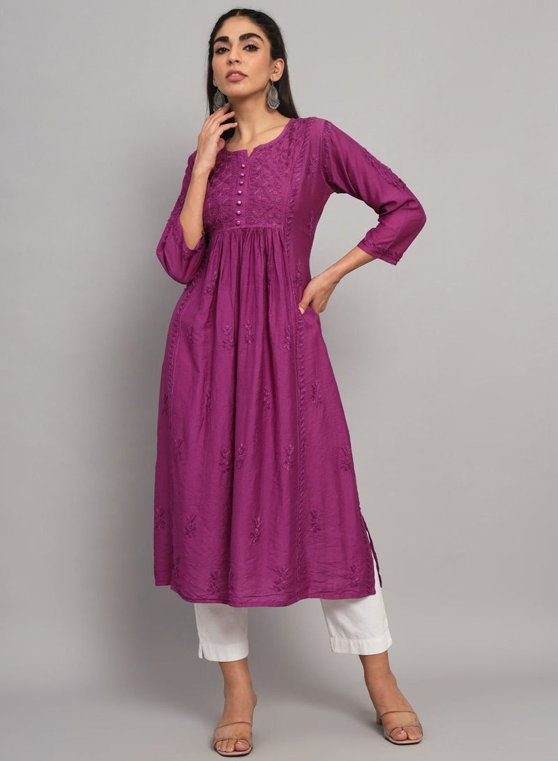 Hand Embroidered Chikankari Chanderi Cotton A-Line Kurta-AL3608