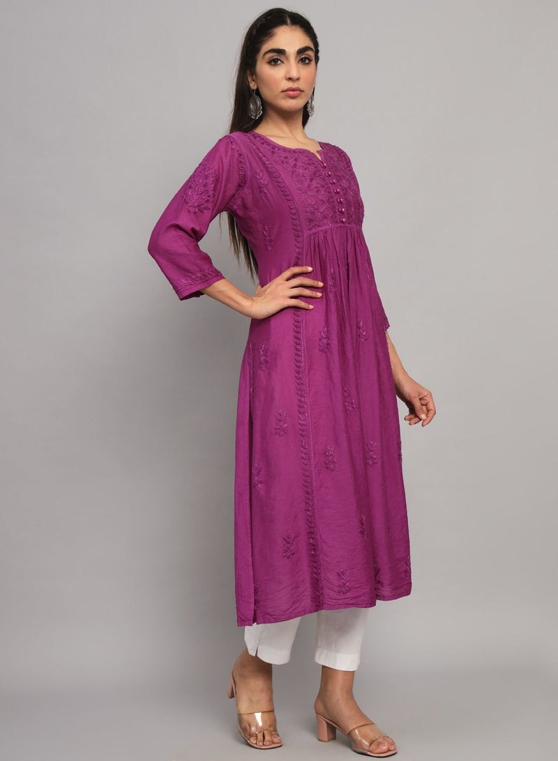 Hand Embroidered Chikankari Chanderi Cotton A-Line Kurta-AL3608