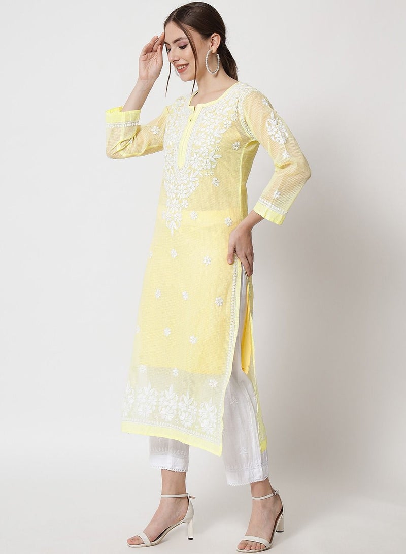 Hand Embroidered Chikankari Kota Straight Kurta With Slip-AL3540