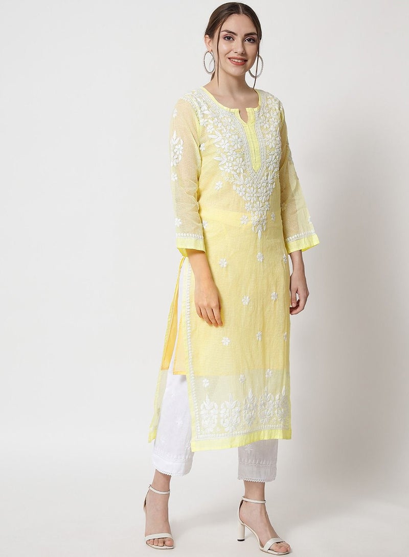 Hand Embroidered Chikankari Kota Straight Kurta With Slip-AL3540