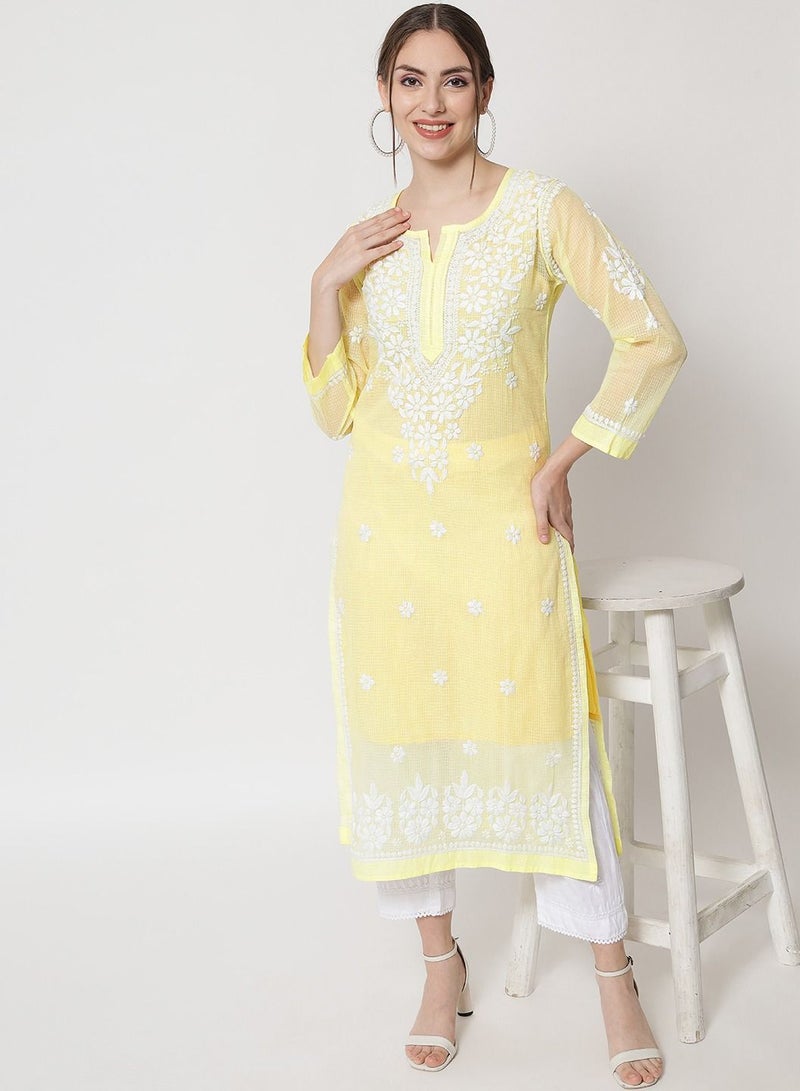 Hand Embroidered Chikankari Kota Straight Kurta With Slip-AL3540