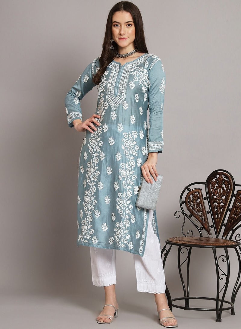 Hand Embroidered Chikankari Cotton Kurta-AL3670