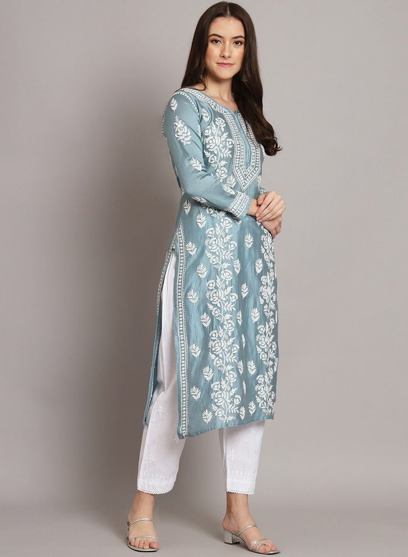 Hand Embroidered Chikankari Cotton Kurta-AL3670