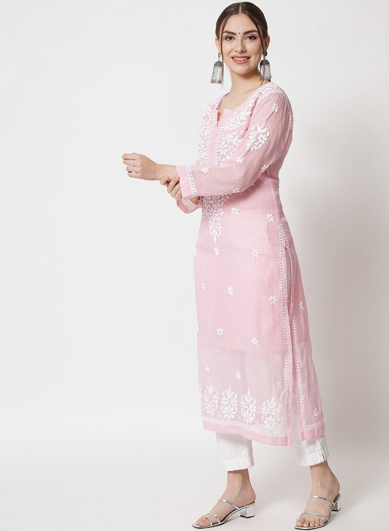 Hand Embroidered Chikankari Kota Straight Kurta With Slip-AL3540