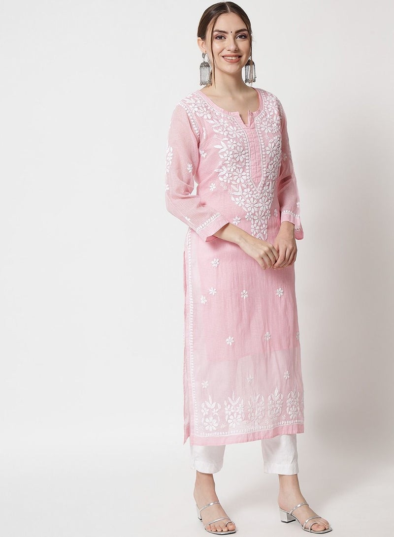 Hand Embroidered Chikankari Kota Straight Kurta With Slip-AL3540