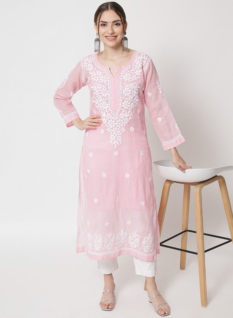 Hand Embroidered Chikankari Kota Straight Kurta With Slip-AL3540