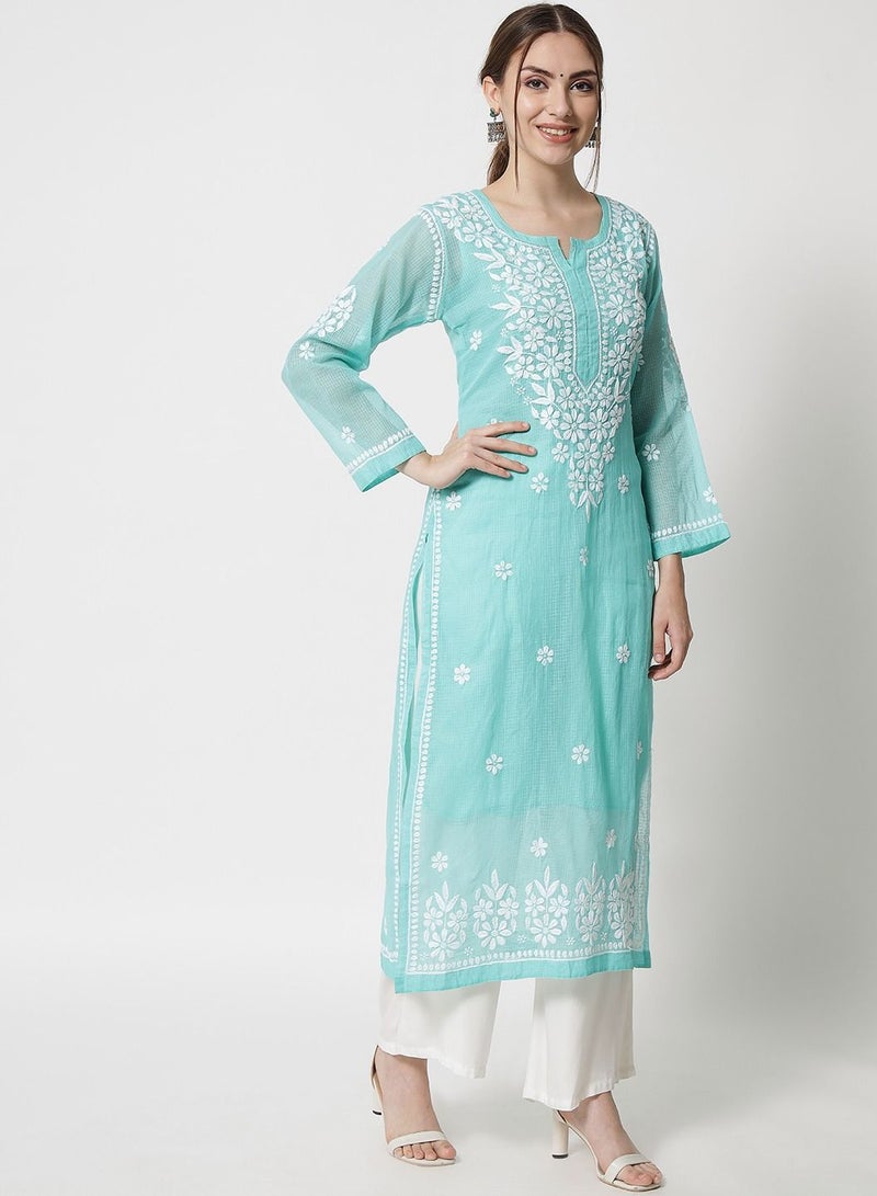 Hand Embroidered Chikankari Kota Straight Kurta With Slip-AL3540