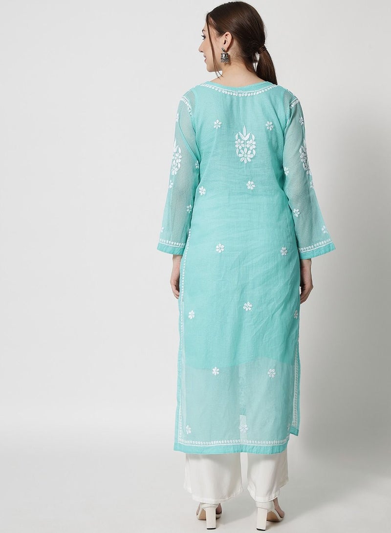 Hand Embroidered Chikankari Kota Straight Kurta With Slip-AL3540