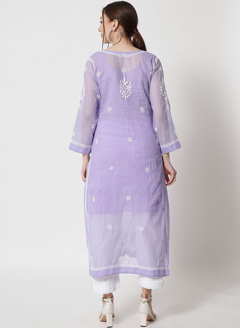 Hand Embroidered Chikankari Kota Straight Kurta With Slip-AL3540