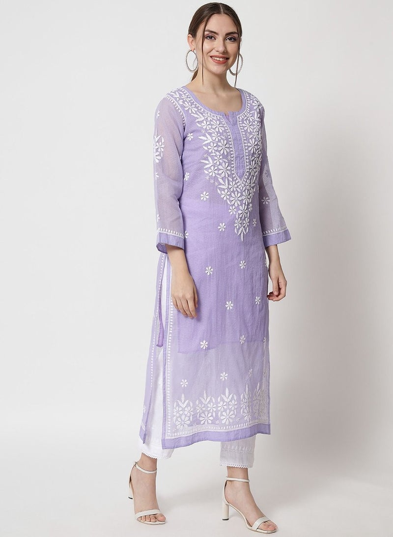 Hand Embroidered Chikankari Kota Straight Kurta With Slip-AL3540