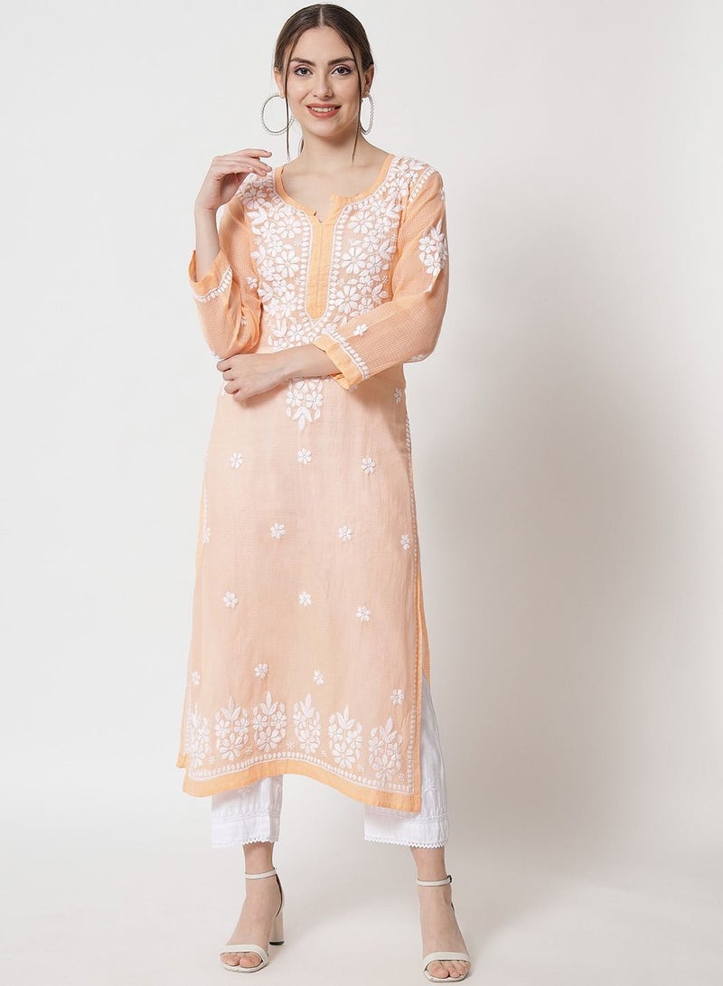 Hand Embroidered Chikankari Kota Straight Kurta With Slip-AL3540