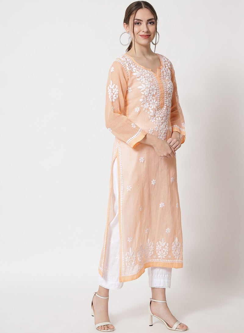 Hand Embroidered Chikankari Kota Straight Kurta With Slip-AL3540