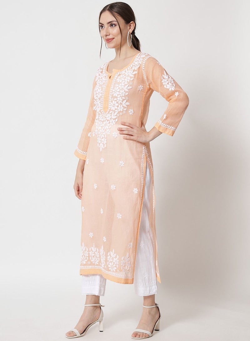 Hand Embroidered Chikankari Kota Straight Kurta With Slip-AL3540