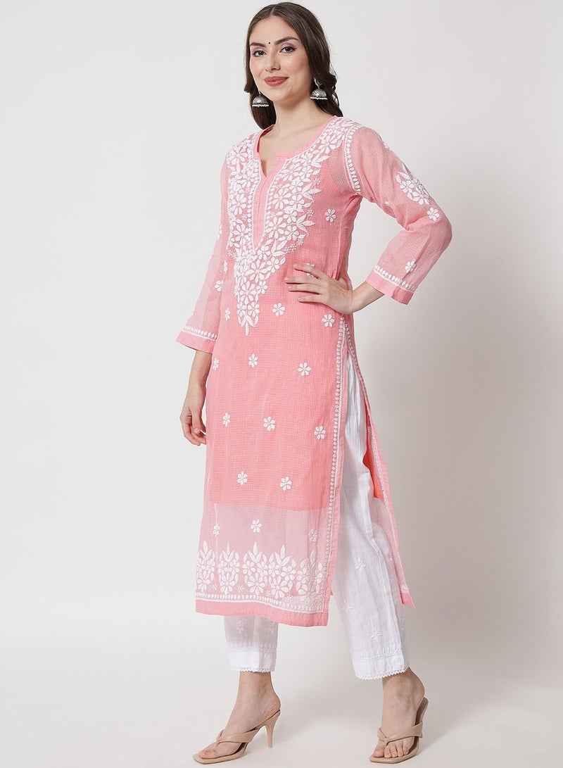 Hand Embroidered Chikankari Kota Straight Kurta With Slip-AL3540