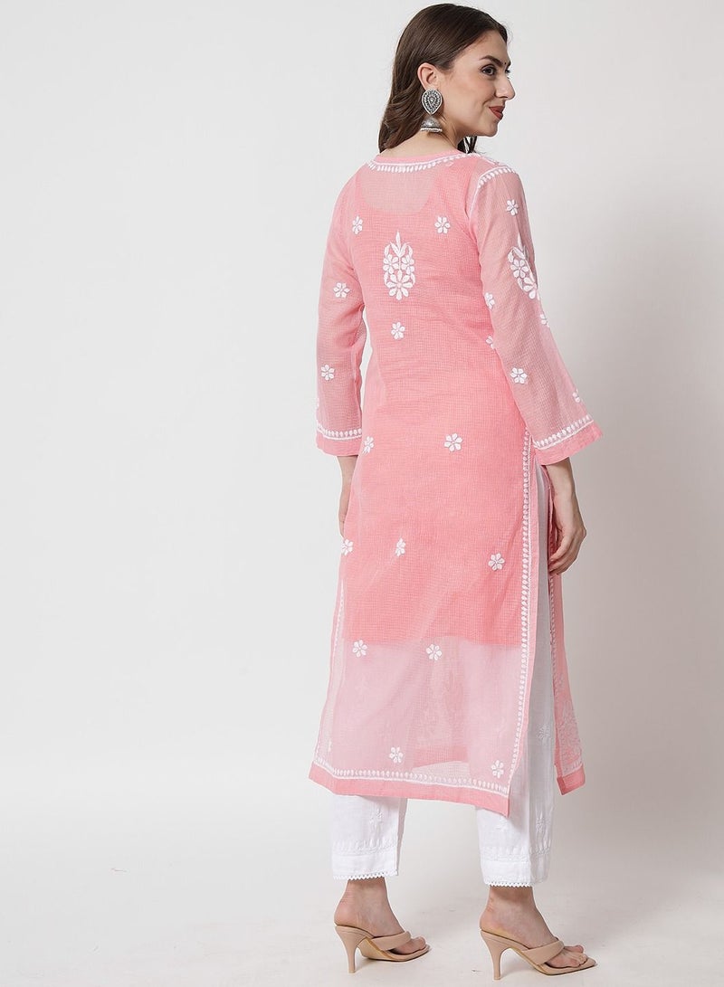 Hand Embroidered Chikankari Kota Straight Kurta With Slip-AL3540