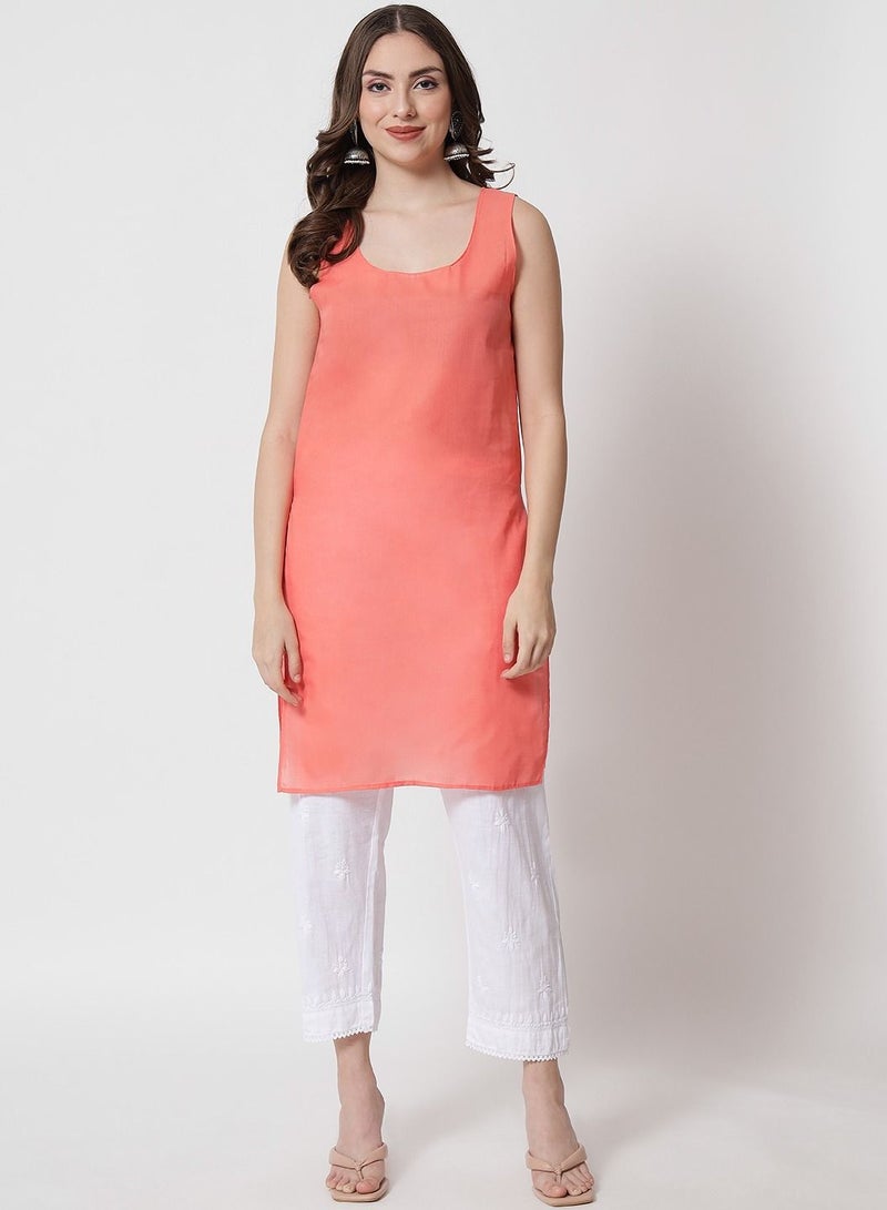 Hand Embroidered Chikankari Kota Straight Kurta With Slip-AL3540