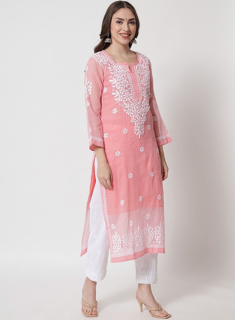 Hand Embroidered Chikankari Kota Straight Kurta With Slip-AL3540