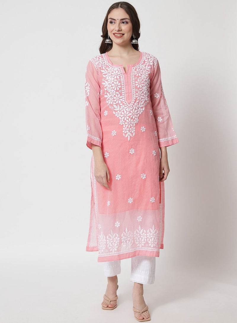 Hand Embroidered Chikankari Kota Straight Kurta With Slip-AL3540