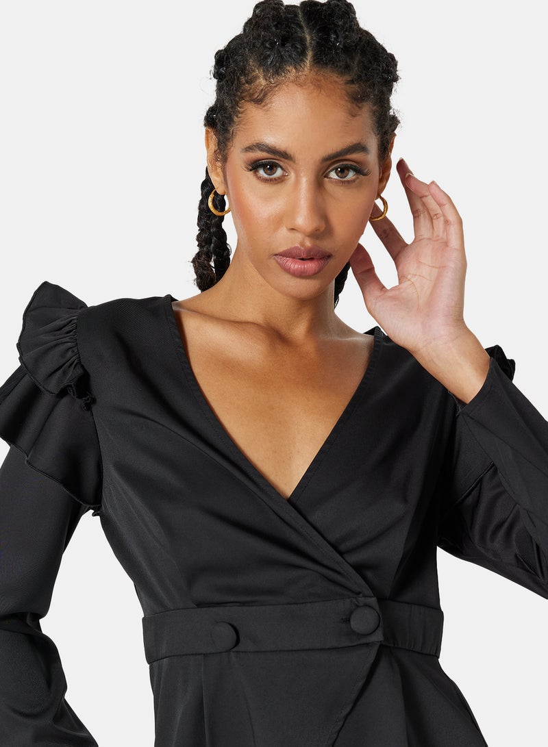 Ruffle Wrap Long Sleeve Top Black