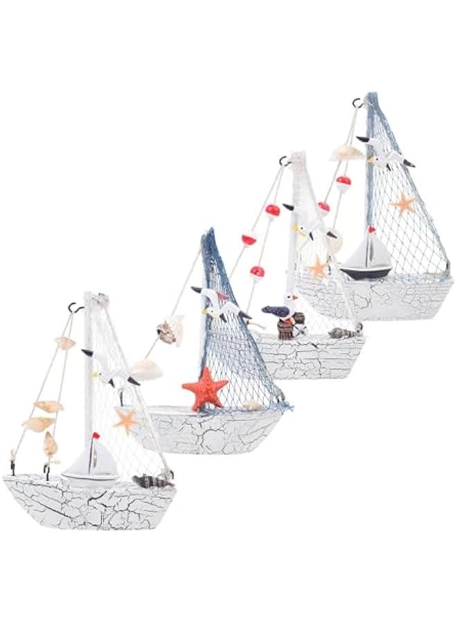 4 Pack Resin Mini Sailboat Model Decoration, Wooden Miniature Sailing Boat Home Decor Set, Beach Nautical Design for Ocean Theme Decoration Country Decor