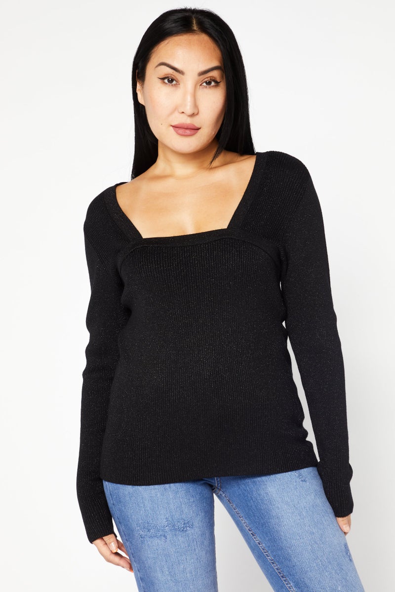 Women Square Neck Textured Sweater, Starry Black