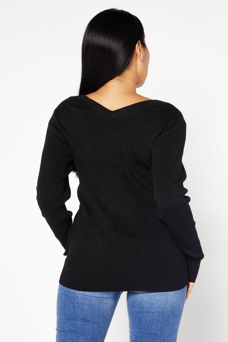 Women Square Neck Textured Sweater, Starry Black