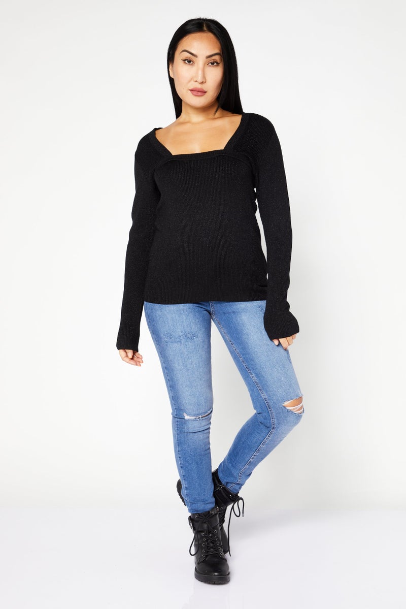 Women Square Neck Textured Sweater, Starry Black