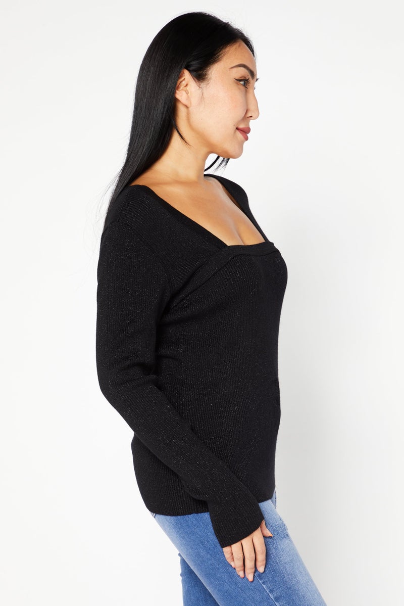 Women Square Neck Textured Sweater, Starry Black