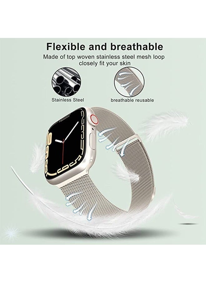 Stainless Steel Mesh Loop Magnetic Clasp Replacement Band For Apple Watch SE Series 8/7/6/5/4/3/2/1 (Starlight, 38mm/40mm/41mm)