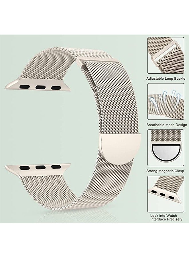 Stainless Steel Mesh Loop Magnetic Clasp Replacement Band For Apple Watch SE Series 8/7/6/5/4/3/2/1 (Starlight, 38mm/40mm/41mm)