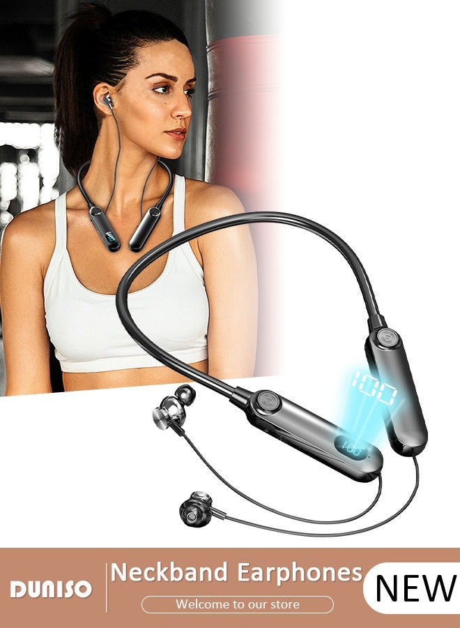 Wireless Neckband Headphones Bluetooth 5.3 Wireless Sports Earphone with LED Display Extra Long Playtime Wireless Stereo Neckband Earbuds Waterproof Earphones for IOS and Android